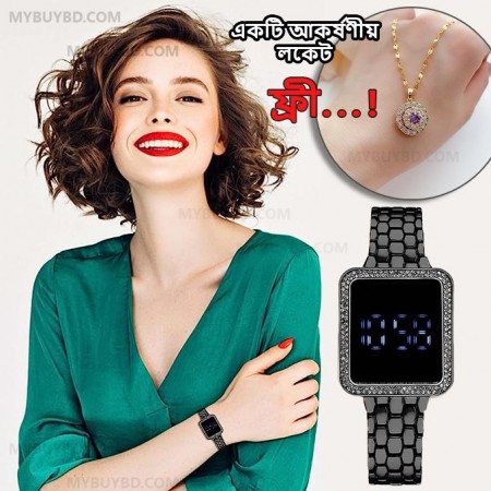 Luxury Ladies Diamond Electronic Stainless Steel LED Digital Wristwatch (Black Color)